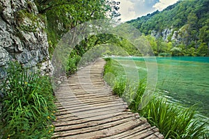 Beautiful blue lake and waterwalls in plitvice national park