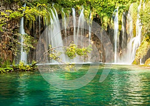 Beautiful blue lake and waterwalls in plitvice national park