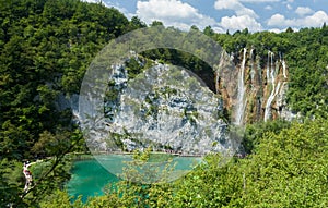 Beautiful blue lake and waterwalls in plitvice national park