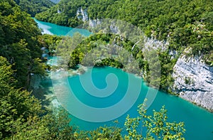 Beautiful blue lake and waterwalls in plitvice national park