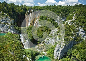 Beautiful blue lake and waterwalls in plitvice national park