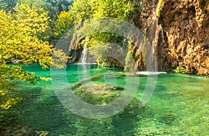 Beautiful blue lake and waterwalls in plitvice national park