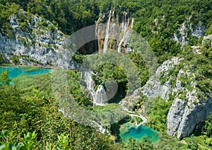 Beautiful blue lake and waterwalls in plitvice national park