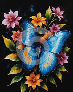 Beautiful blue morpho butterfly on a flower on a black background,printable