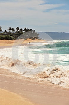 Beautiful blue ocean and sandy beach on the island of Oahu in Hawaii