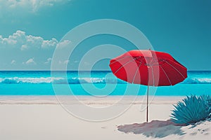 Beautiful blue ocean waves and red umbrella on sandy beach in summer. Generative AI