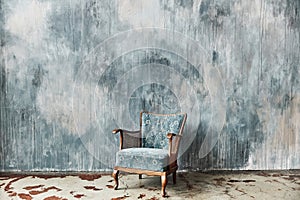 Beautiful blue old vintage chair against the background of a textured wall