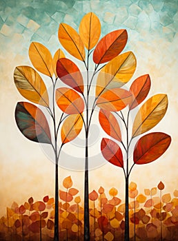 Beautiful blue orange and brown autumn leaves wall art.