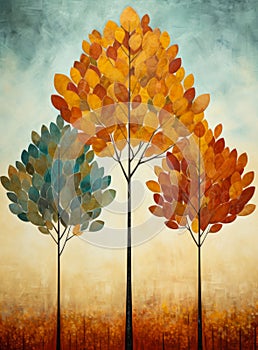 Beautiful blue orange and brown autumn leaves wall art.