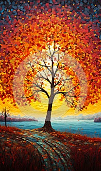 Beautiful blue orange and brown autumn leaves wall art.