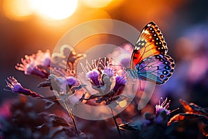 Beautiful blue orange butterfly on purple flowers in the rays of sunrise or sunset close up