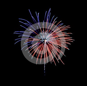 Beautiful blue and red fireworks exploding in the night sky, isolated on black background