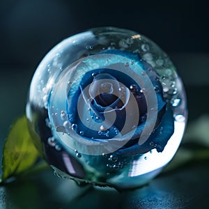 Beautiful blue rose in a crystal ball with water drops on it