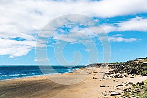 Beautiful blue sea and empty beach. Summer vacations theme