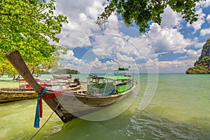 Beautiful Blue Sea under Clear Sky and Mountain,The Nature of the Gulf in Krabi,Thailand