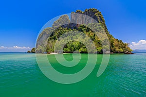 Beautiful Blue Sea under Clear Sky and Mountain,The Nature of the Gulf in Krabi,Thailand