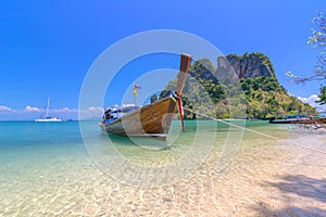 Beautiful Blue Sea under Clear Sky and Mountain,The Nature of the Gulf in Krabi,Thailand