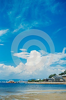 Beautiful blue sky with amazing cloud formation above japanese seashore