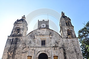 Colonial-era church in Mexico, magical town of Tepoztlan, with a beautiful blue sky in the background