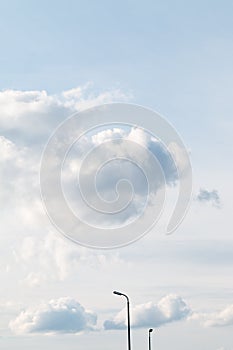 Beautiful blue sky with clouds, nature background, film grain noise effect