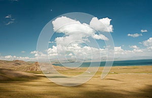 Beautiful blue sky with clouds over deep mountain lake