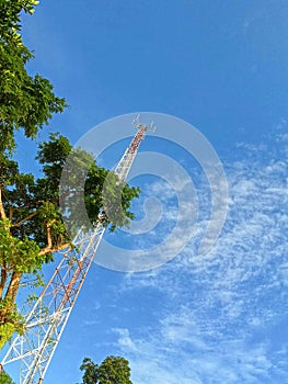 Beautiful blue sky, Green trees, tower