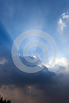 Beautiful blue sky,sun rays and clouds