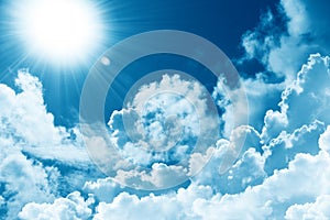 Beautiful blue sky white cloud sunshine. Religion concept heavenly background. Divine heavenly light. Peaceful nature background