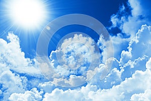 Beautiful blue sky white cloud and sunshine. Religion concept heavenly background. Divine heavenly light. Peaceful sunny day