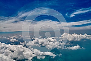 Beautiful blue sky and white clouds background. Sky atmosphere panorama. Heavenly bright daylights. Outdoor planet.