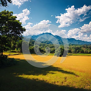 The beautiful blue sky and white clouds over rice fields and mountains in Thaila...