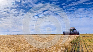 Beautiful blue sky with white clouds over wheat fields during harvest