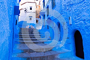 Beautiful blue street of the blue medina of Chefchaouen, Morocco