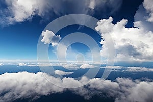 Beautiful blue summer morning sky, bright sunny nature and clouds, aerial view, generative ai