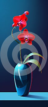 Beautiful blue vase with red flowers on a giant orchid flower sh