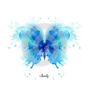 Beautiful blue watercolor abstract translucent butterfly on the white background.