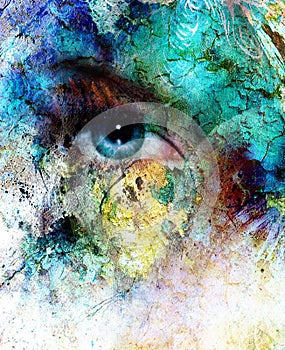 Beautiful blue women eye beaming, color desert crackle effect, painting collage