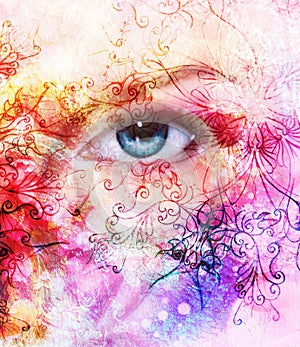 Beautiful blue women eyes, color effect, painting collage, violet makeup and ornaments.