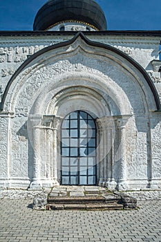 Beautiful blue wooden door at the entrance to the Orthodox church