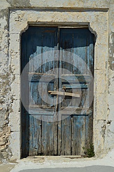 Beautiful Blue Wooden Door Of A Typical House In Pyrgos Kallistis On The Island Of Santorini. Travel, Cruises, Architecture, Lands