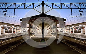 Beautiful blue hour time on a pentagon platform of local train station