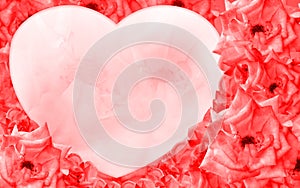 beautiful blur red roses flower on heart shape on red roses stack background, nature, decor, banner, template, card, copy space