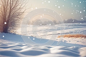 Beautiful blurred background image of a landscape with light snowfall falling over of snowdrifts