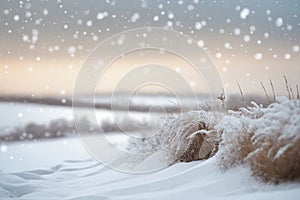 Beautiful blurred background image of a landscape with light snowfall falling over of snowdrifts