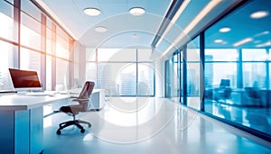 Beautiful blurred background of a light modern office interior with huge panoramic windows and beautiful cold lighting