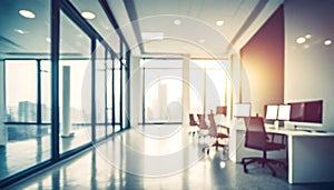 Beautiful blurred background of a light modern office interior with huge panoramic windows and beautiful golden hour lighting