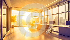 Beautiful blurred background of a light modern office interior with huge panoramic windows and beautiful golden hour lighting