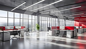 Beautiful blurred background of a modern office interior in gray tones with panoramic windows, glass partitions