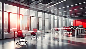 Beautiful blurred background of a modern office interior in gray tones with panoramic windows, glass partitions