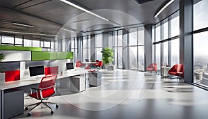 Beautiful blurred background of a modern office interior in gray tones with panoramic windows, glass partitions